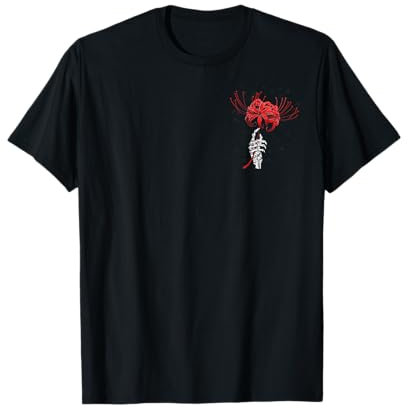 Skelett Hand hält rote Spinne Lilie ästhetische rote Blume T-Shirt