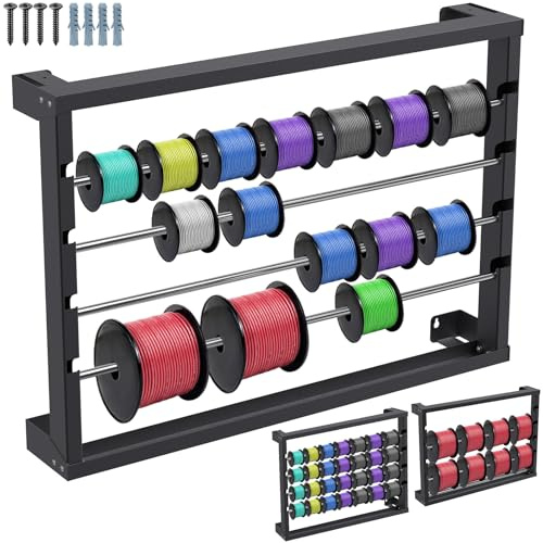 SELEWARE Estante de carrete de alambre, soporte de bobina de alambre montado en la pared, soporte de carrete de alambre, dispensador de alambre/cable resistente con 4 varillas de acero inoxidable para