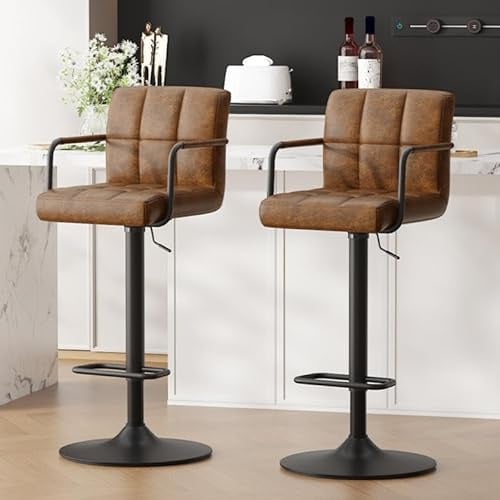 Ckaff Tabouret de Bar Lot de 2, Tabouret de Cuisine Pivotants 360°,Chaise de Bar Réglable en Hauteur avec Similicuir avec et Repose-Pieds, Dossier, Accoudoirs pour Cuisine, Comptoir, Bar, Marron jaune