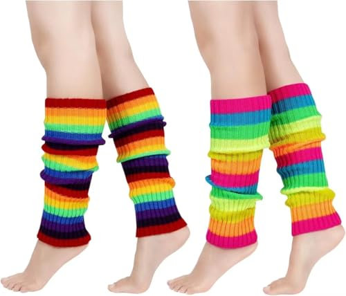 zfyanssee 2 Pair Rainbow Leg Warmers,Soft and Breathable Long Socks, Neon Accessories for 80's Fancy Party Ballet Skating Ice Dancing