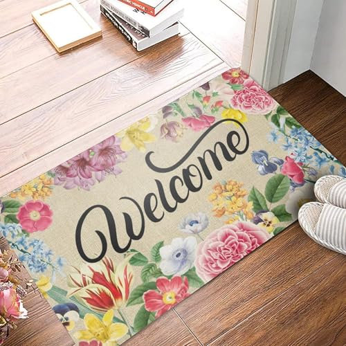 Gwezmxs Fußmatte Außen Haustür, Fussmatte Blumen Willkommen, Home Plate Welcome Mat, Frühlings-Retro Bunt für Innen/Außen Dekor, 40x60cm