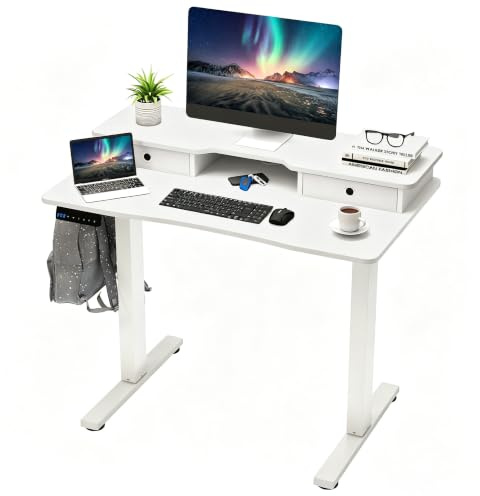 GIANTEX höhenverstellbarer Schreibtisch, elektrisches Stehpult mit Monitorständer, 2 Schubladen, 2 Haken, Kleiner Computertisch mit Einstellbarer Höhe von 73-122 cm, für Arbeitszimmer & Büro (Weiß)