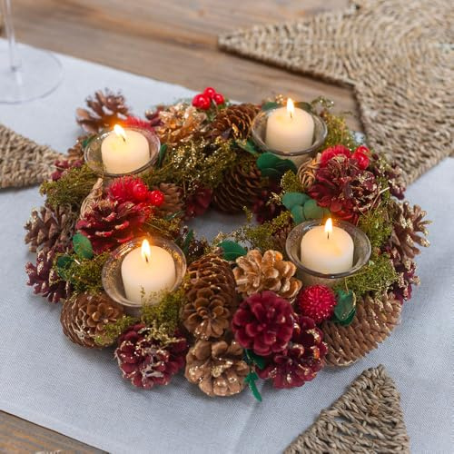 YouGarden Three Kings Ring Quartet Candle Holder, 33cm Four Cup, Rustic, Berries, Pinecones, Festive Wreath Display