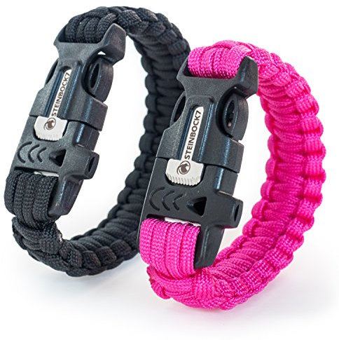 Steinbock7 Hochkönig 3-in-1 Paracord-Armband 2er Set - im Verschluss integriert: Pfeife, Feuerstein & Messer - Camping, Outdoor, Wildnis