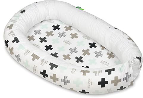 Velinda Kuschelnest Babynest Babynestchen Nestchen Reisebett Kuschelbett 100% Baumwolle (Muster: mintfarbene Kreuzchen - weiß)