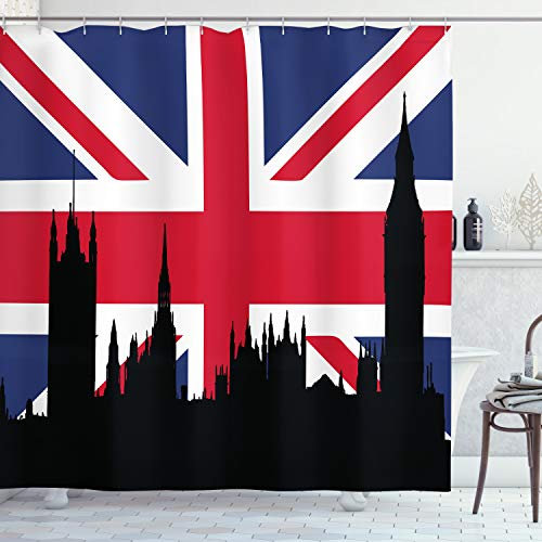 ABAKUHAUS Union Jack Rideau de Douche, Historique Urbain Royaume-Uni, Tissu Ensemble de Décor de Salle de Bain avec Crochets, 175 cm x 200 cm, Bleu Royal Noir Rouge