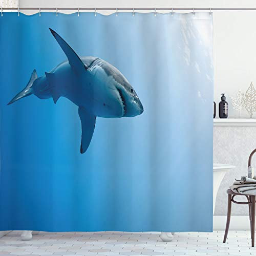 ABAKUHAUS Hai Duschvorhang, Fische im Ozean Schwimmen, Stoffliches Gewebe Badezimmerdekorationsset mit Haken, 175 x 240 cm, Hellblau