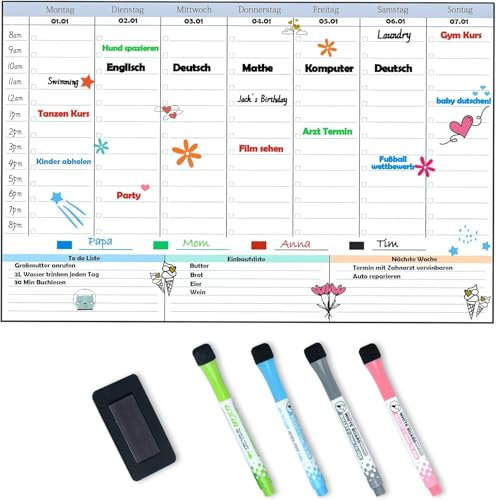 POPRUN Magnetisch Whiteboard Wochenplaner abwischbar Familienplaner Planungstafel Haushaltsplan Magnettafel Kühlschrank Kinder Belohnungstafel Stundenplan für Büro und Schule 43 x 28 cm auf Deutsch