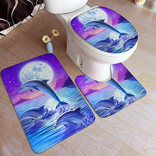 RedBeans Rutschfeste Badvorleger-Set, 3D-Delfin-Badezimmerteppiche, inklusive weicher Badematte, WC-Vorleger und WC-Sitzbezug