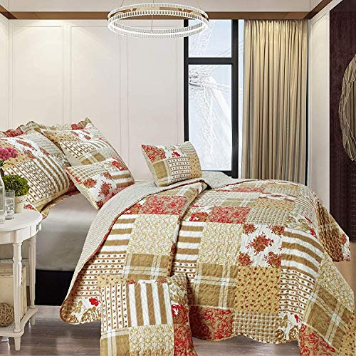 B&B Double Bedding 3 Piece Printed Patchwork Bedspread Quilted Bed Throw Comforter with Pillow Shams – Decorative Warm Quilt Blanket (Alvina)