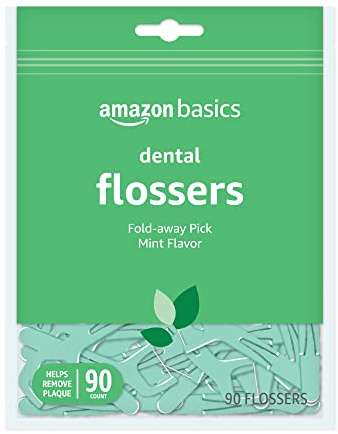 Amazon Basics Mint Dental Flossers, Shred Resistant, Slides Easily Between Teeth, with Fold-Away Pick, 90 Count, 1-Pack (Previously Solimo)