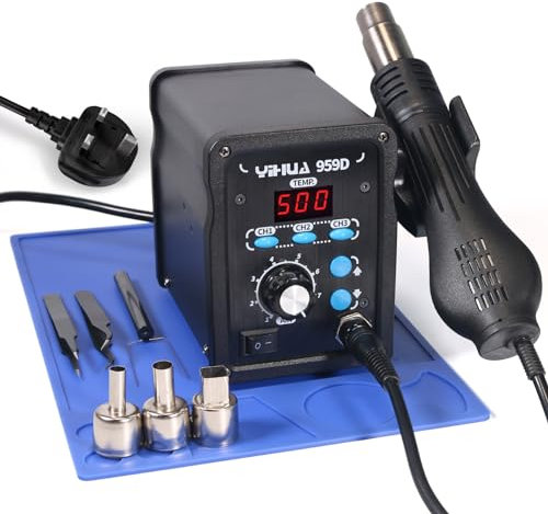 YIHUA 959D Hot Air Rework Station for SMD Soldering 3 Memory Channels with 3 Hot Air Nozzles, Soldering Work Mat, ESD Safe Tweezers(UK Plug)