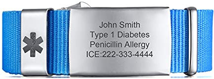 FLHEART Personalisierte Medizinische Alert ID Armband | Einstellbare Sport Nylonband Gürtelschnalle Für Allergie Diabetiker | Herren Damen, Angepasst, Blau