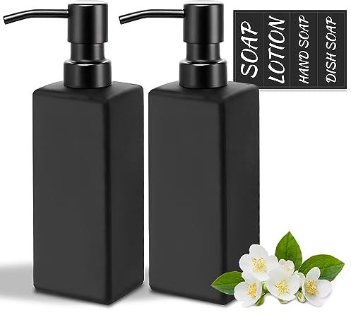 MIUSITE Distributeur de Savon en Verre Noir Mat avec Pompe en métal, distributeurs de Savon à Main carrés de 350 ML pour Cuisine et Salle de Bain, Distributeur de Savon Liquide Rechargeable, Lot de 2