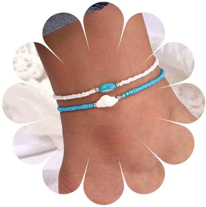 Yienate Bracelet Cheville Perles Fait Main Cheville Boho Perles Conque Chaîne Cheville Élastique Perles Riz Bleu Blanc Chaîne Cheville Plage Couches 2pcs Set Bijoux Pied Cadeau Pour Femmes Filles