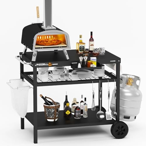 PIZZELLO Three-Shelf Outdoor Grill Dining Cart Movable BBQ Trolley Multifunctional Solid Steel Food Prep Worktable with Two wheels, Black (X50011BK)