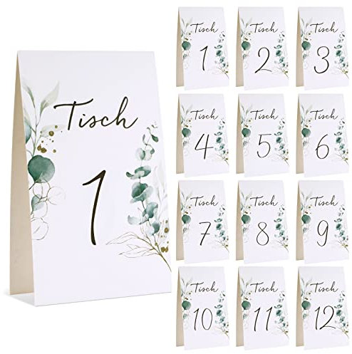 COLOFALLA 12 Stück Tischnummern 1-12 Eukalyptus Weiß Tischkarten Hochzeit Platzkarten Tischdeko aus Papier Nummern Zahlen für Geburtstag Party Taufe Kommunion Konfirmation