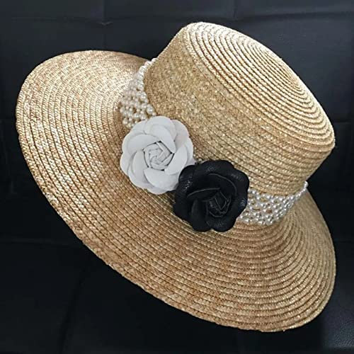 Damen Strohhut Klassischer Sommer Weiß Schwarze Blume Perle Strohhüte für Frauen Strand Sonnenhut Breite Krempe Hut Damen Hut Geschenke