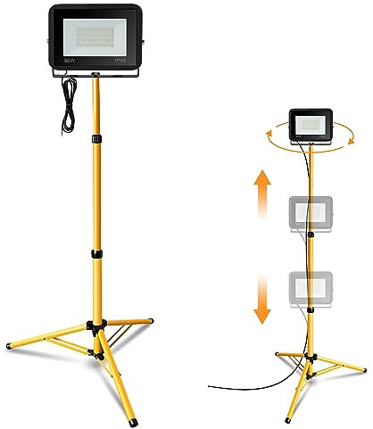 Jiubiaz Baustrahler LED mit Stativ, 30W Warmweiß Arbeitsstrahler 2550LM, HöHenverstellbar, Baustellenlampe Wasserdicht IP66 für Innen-und Außenbereich Garage, Baustelle (kein Stecker)