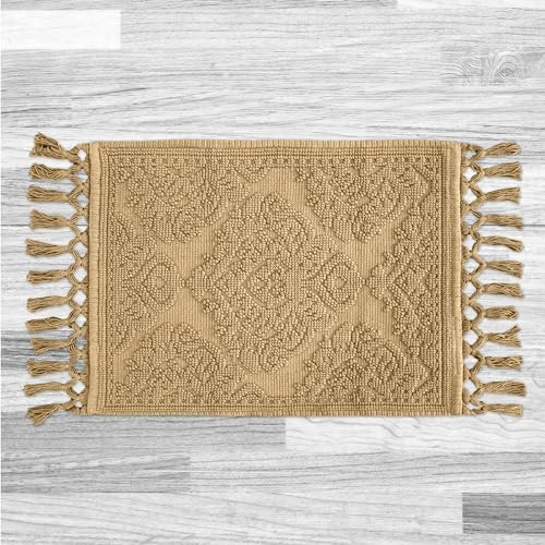 Jean Pierre - Ricardo Bath Mat, Woven Fringe Bathroom Rugs, 100% Cotton, Premium Bathroom Decor - Measures 17 x 31 - Linen