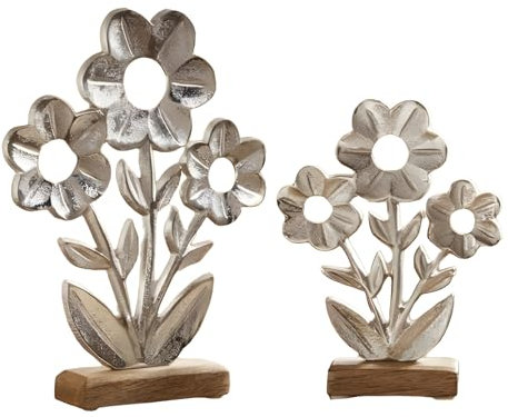 2X Dekofigur Blume Silber aus Aluminium mit Antik Finish, Tischdeko, Dekoblume