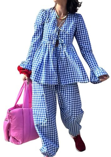 Owegvia Women Plaid 2 Piece Pajama Set Long Sleeve V Neck Tie Front Tops Plaid Pants Sets Babydoll Shirt Gingham Pants Pj Lounge Set (Blue, S)