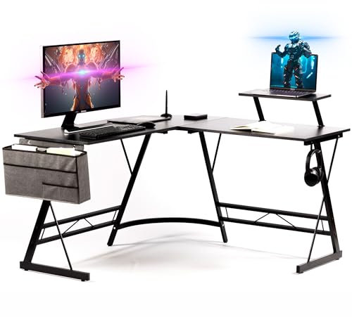 Gadgy Gaming Tisch Carbon PRO 130x130cm, PC Gaming Schreibtisch, Kopfhörerhalter, Bildschirmerhöhung und Aufbewahrungskorb, Ideal als Computertisch, Steigern Sie Ihr Spiel – Black Carbon