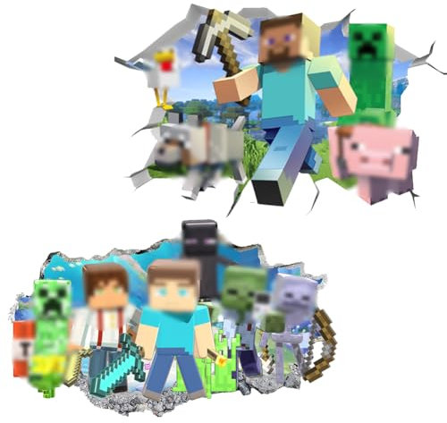 Cartoon 3D Minnecraft Wandtattoo,Cool Cartoo Wandtattoo,Wandaufkleber Cartoon Gamer Cartoon-Wanddekoration Videospiel Aufkleber3D Karikatur Game Wandsticker für Schlafzimmer Kinderzimmer Wohnzimmer