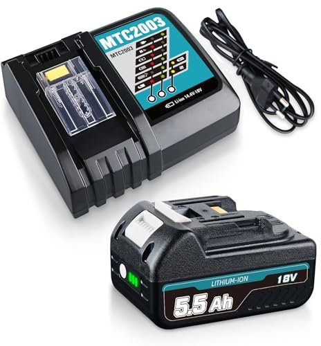2 Stück 18V 5.5Ah Kompatibel mit Makita 18V Akku Ersatz für Makita Akku Lithium-Ionen und Ersatz für DC18RD ladegerät 3A