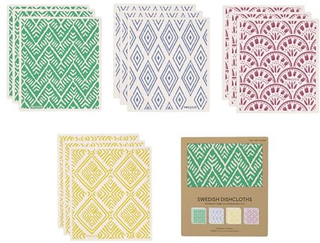 RECYCO Reusable Dish Cloth 12 Pack Swedish Dish Clothes for Kitchen Counter Cotton Cellulose Absorbent Machine Washable Plant Based Okeo Tex Standard 100 Sponge Wipes Women Owned (Boho)