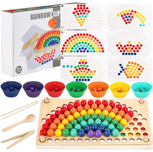 FYSL Holz Montessori Spielzeug, Clip Perlen Puzzle Sortierspiel, Clip Beads Brettspiel, Kinder Vorschule Farben Sortier Stapelspielzeug für 3 4 5 Jahre alt Kinder