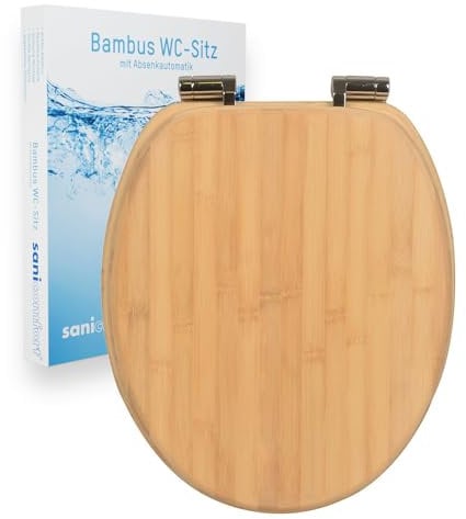 sanicomfort WC-Sitz Bambus mit Absenkautomatik | Toilettensitz aus Echtholz | Soft-Close | Antibakteriell, belastbar, oval, universell | Edelstahl-Scharniere – light