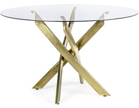 HABITMOBEL Mesa de Comedor Verona Redonda Acabado Patas Cruzadas Dorado con Cristal Templado 120 cm