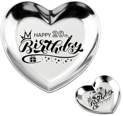 Guqqeuc Cadeau D'Anniversaire Pour Fille De 20 Ans, Plateau À Bijoux En Acier Inoxydable En Forme De Cœur Gravé Happy 20th Birthday, Idée De Cadeau Pour Meilleure Amie, Sœur, Petite-Fille, Femme