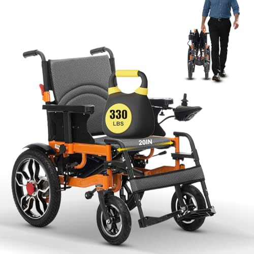Electric Wheelchair for Adults,20 seat Width Foldable Motorized Wheelchair for Seniors,Intelligent All Terrain Power Wheelchairs,30 Miles Long Travel,Portable Airline Approved (Orange A)