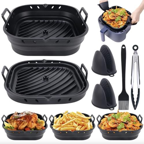 Alniste Bandeja de Silicona para Airfryer 22 cm Plegable, Antiadherente y Cuadrada con Divisor Pinzas Pincel y Manoplas El Molde es Apto para Freidora de Aire y Horno