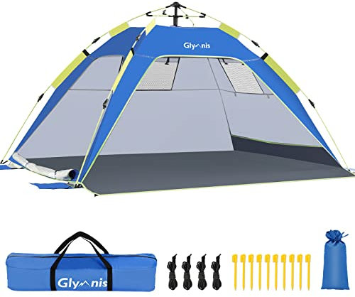 Glymnis Tienda de Playa Tienda Pop Up Portátil Tienda Instantánea Fácil de Instalar para 4 Personas con UPF 50+ Gran Tamaño 215 x (150+20) x 115 cm