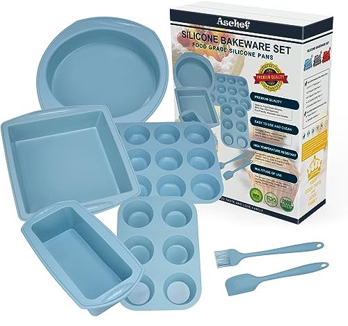 Aschef 7x Antihaft Silikon Backformen Brotbackform Kuchenform Muffinform mit Teigschaber Backpinsel Messlöffel Set, Hitzebeständige Backform für Backen Pizza Brot Kuchen Toast Cupcake Muffin