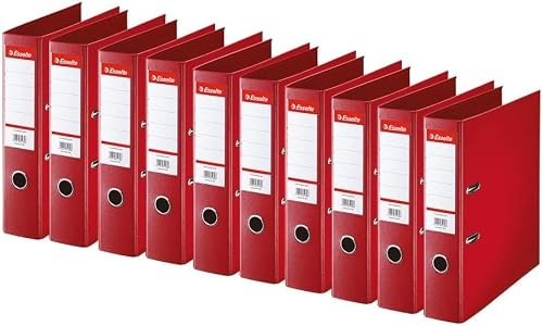 Esselte | Classeur à levier A4 Standard | Lot de 10 | Capacité 550 feuilles | Dos 75 mm |PP | Griffes de blocage | Étiquette de dos interchangeable | Bureau, Ecole, Maison | Rouge | 320220