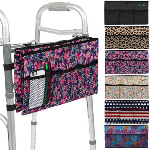 Vive Walker Bag - Water Resistant Accessory Basket Provides Hands Free Storage for Folding Walkers - Attachment Fits Wide (Pink Floral)