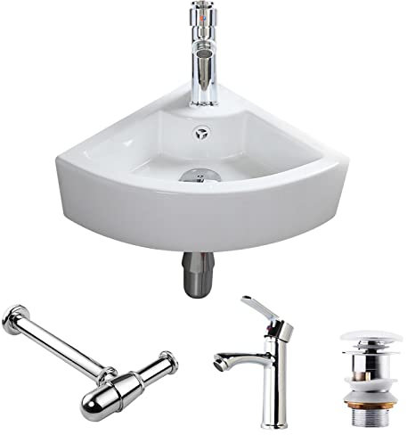 CROSS ZEBRA Lavabo d'angle mural avec robinet Siphon Lavabo en céramique fait main Blanc brillant Design simple Facile à installer et à nettoyer pour salle de bain Vestiaire WC