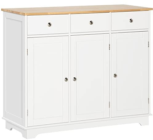 HOMCOM Aparador de Cocina con 3 Cajones 3 Puertas y Estantes Ajustables Mueble Auxiliar de Almacenaje para Comedor Salón Estilo Moderno Antivuelco 101x40x85 cm Blanco