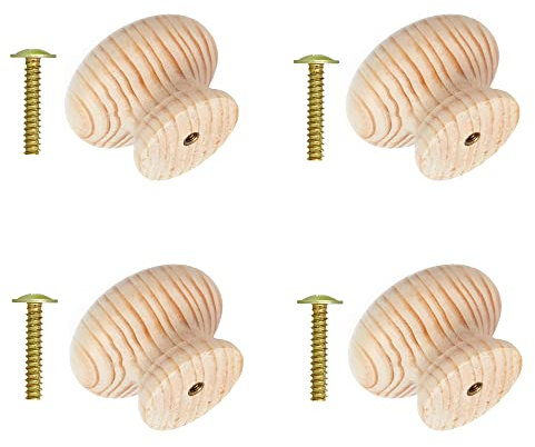 TERF® Traditional Unlacquered Pine Wooden Cupboard Cabinet Door Knob 25mm Bolt and Insert Wood Knob Chest Drawer Cupboard Kitchen Wardrobe Door Pull Handle Knobs for Use Home and Office - Pack of 4