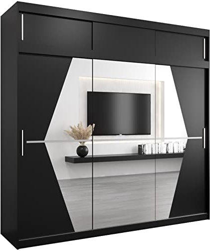KRYSPOL Schwebetürenschrank Boliwia 250 cm mit Spiegel Kleiderschrank mit Kleiderstange und Einlegeboden Schlafzimmer- Wohnzimmerschrank Schiebetüren Modern Design (Schwarz mit Erweiterung)