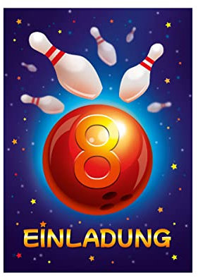 12 Einladungskarten zum 8. Kindergeburtstag Bowling Kegeln achte Geburtstag Mädchen Jungen