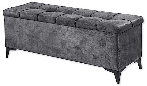 Stella Trading OREGON Sitzbank mit Stauraum und gepolstertem Deckel, Anthrazit - Geräumige Sitztruhe für Boxspringbetten im Schlafzimmer - 139 x 58 x 50 cm (B/H/T)