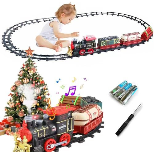 LAPPAZO Tren Arbol de Navidad para Niños 3 Vagones 24 Pistas Clasico Tren Electrico Locomotora de Vapor, vagón de Carga Humo, Luces & Sonido, Ferrocarril Kit Juguetes Regalo para Niños