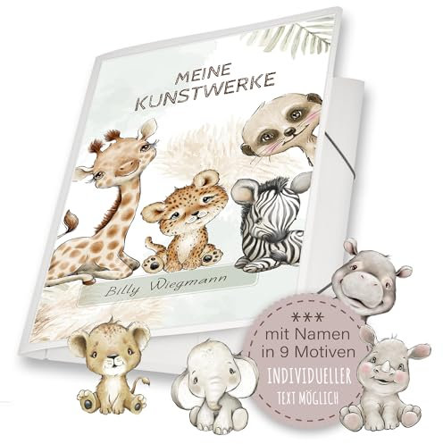 Zeichenmappe A4 oder A3 Kindergarten Mappe personalisiert mit Namen Safaro Safari - 9 Motive Meine Kunstwerke Erinnerungsmappe Sammelmappe Junge Mädchen