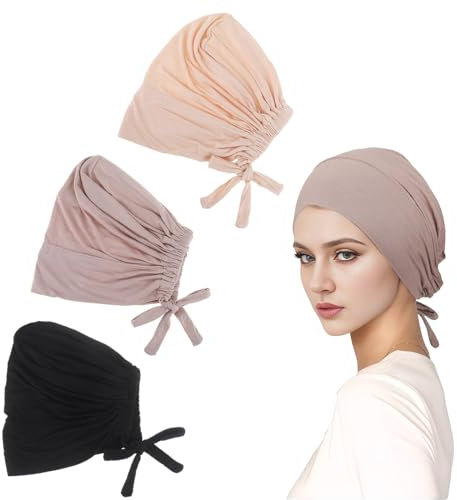 3 Stück Muslimische Unterschal Hijab Frauen Undercap Hijab Unterschal Hijab, Islamische Cap mit Tie Back Closure Solid Color Unter Schal Hijab Mütze Turban Kopfbedeckung Chemo Kopftuch Schlafmütze