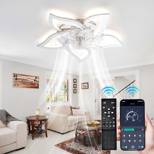 Φ69CM Ceiling Lamp with Fan, Floral Modern Design with Remote Control, 6 Speed Reversible DC Motor, Dimmable Memory Function LED Ceiling Fan with Lights, for Bedroom Living Room Chrome-Chrome